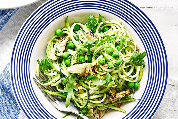 Courgetti Pesto Recipe With Pea and Artichoke Salad