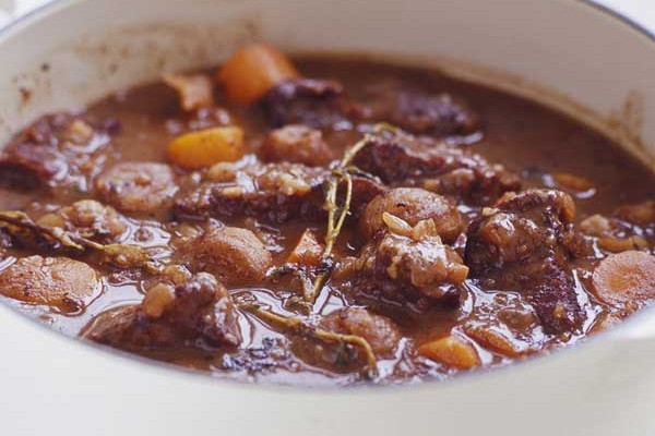 Beef, chestnut and red wine casserole in a pot
