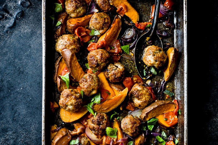 Tray Bake Recipe for Easy Meatballs With Sweet Potato Wedges
