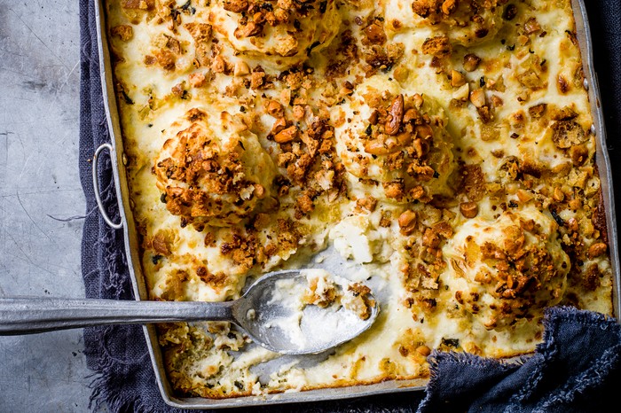 Baked Cauliflower Gratin Recipe With Cheese in baking dish