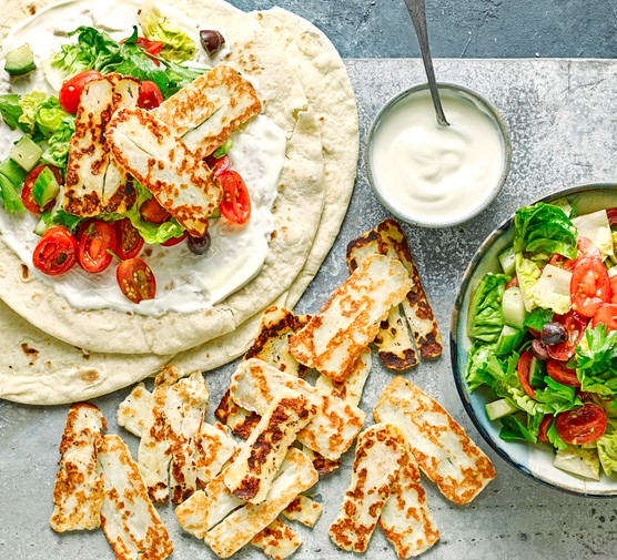 Halloumi and Greek Salad Wraps with Yogurt on the Side