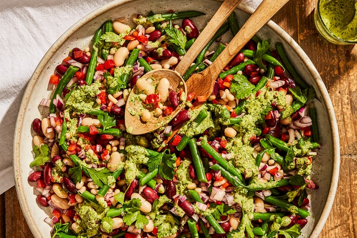Healthy bean salad with green tahini dressing