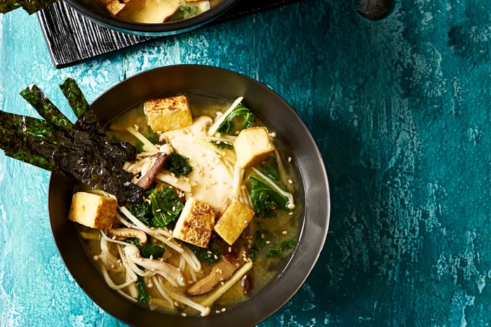 Miso Soup with Crispy Tofu in a Bowl