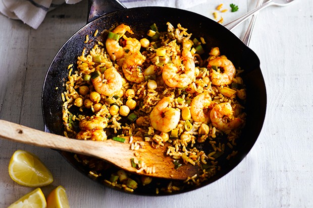Moroccan Prawn Rice Bowl with Chickpeas in a Pan
