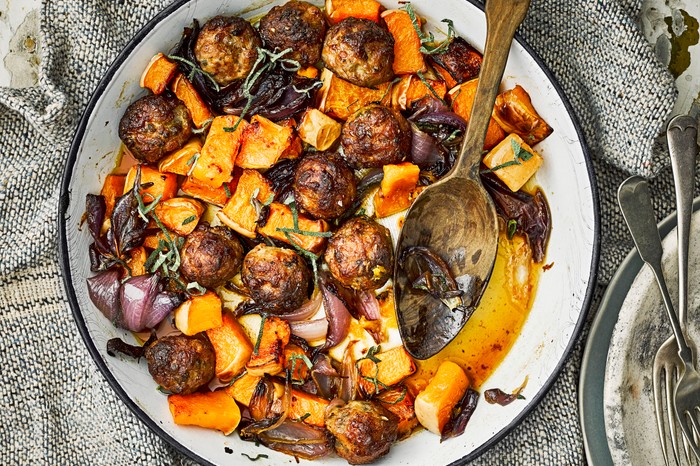 Meatball Traybake with Sausages and Butternut Squash