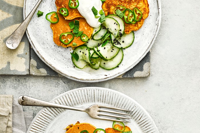 Chickpea Fritters with Yogurt, Green Chilli and Cucumber Salad