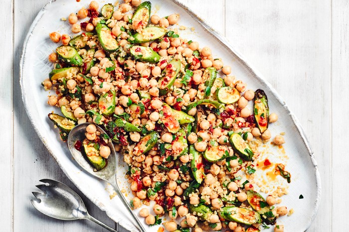 Roasted Courgette Salad with Chickpeas on a White Plate