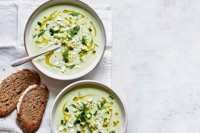 Chilled Cucumber Soup with Yogurt and Dill in Two Bowls