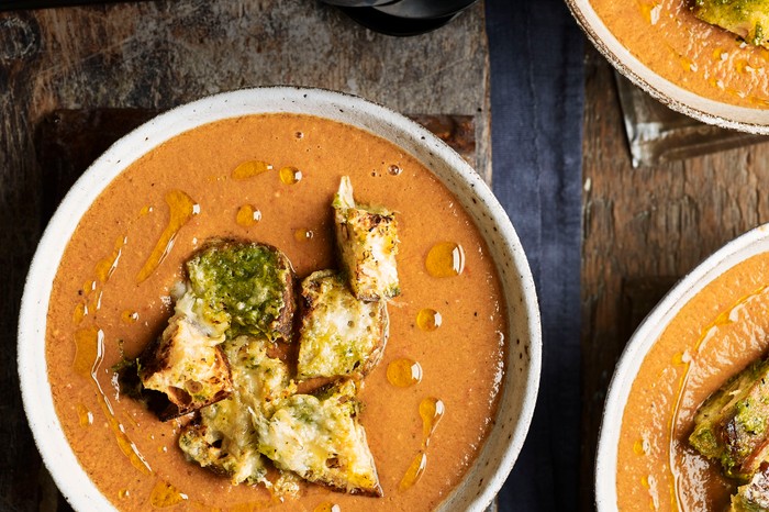 Gazpacho Recipe with Cheesy Croutons and Pesto