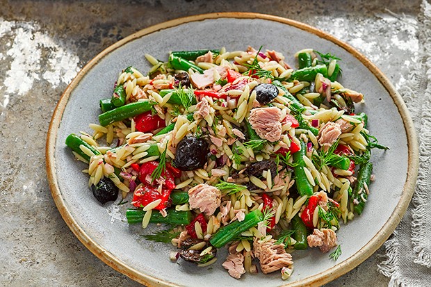 Orzo Pasta Salad with Beans and Tuna on a Plate