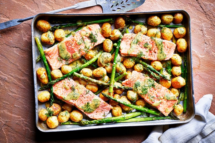 Fish Tray Bake Recipe with Sea Trout, New Potato and Asparagus